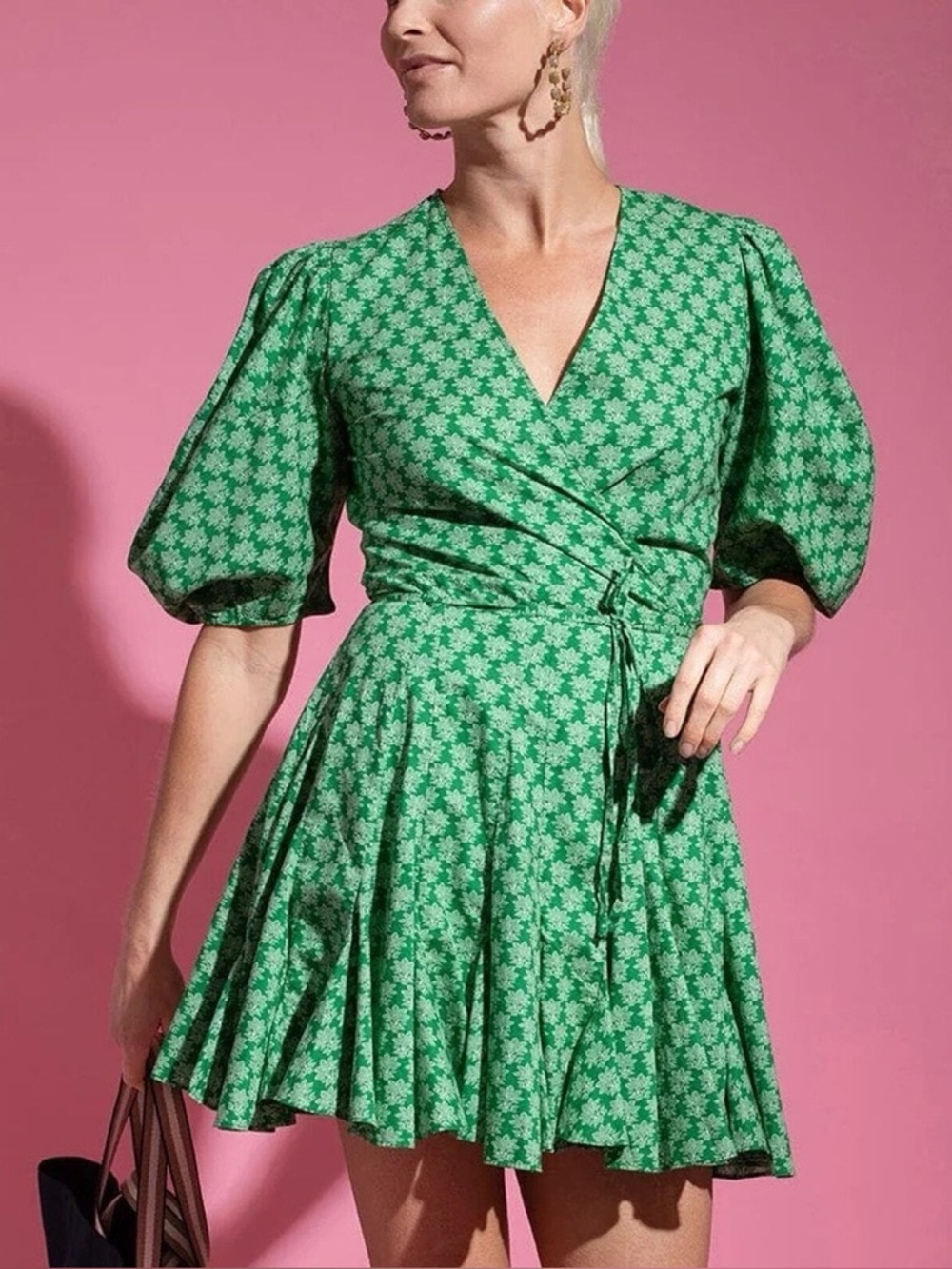 RHODE Green Floral Wrap Mini Dress